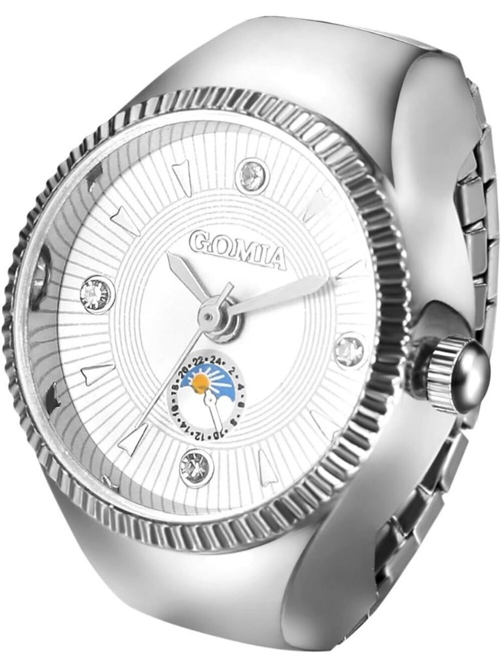 Unisex Silver Analog Quartz Rhinestone Vintage Elastic Bling Finger Ring Watch